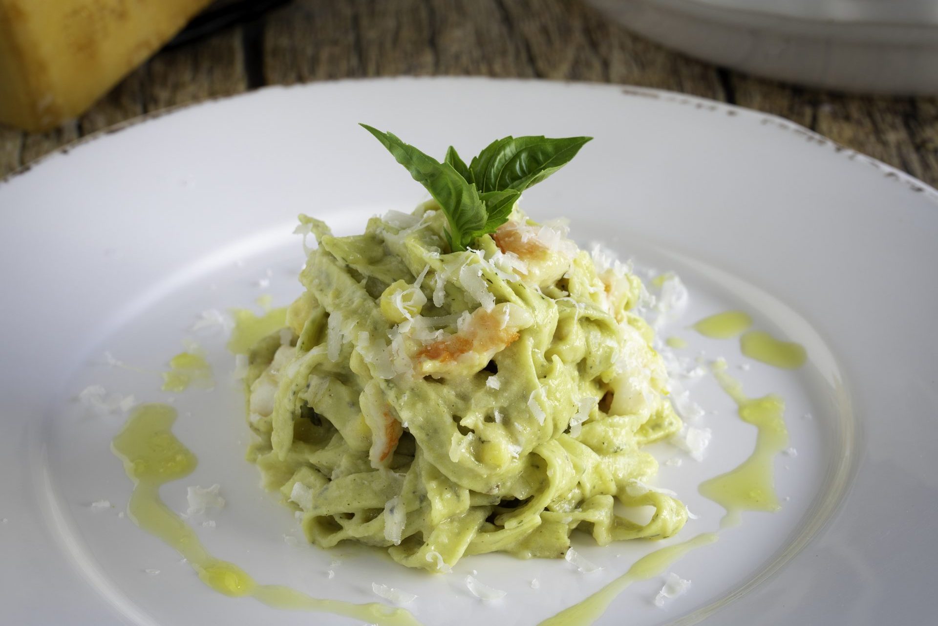 Shrimp Tagliatelle Pasta with Corn Crema