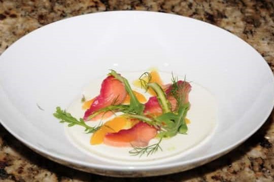 Beet Cured Salmon Gravlax with Goat Cheese Panna Cotta