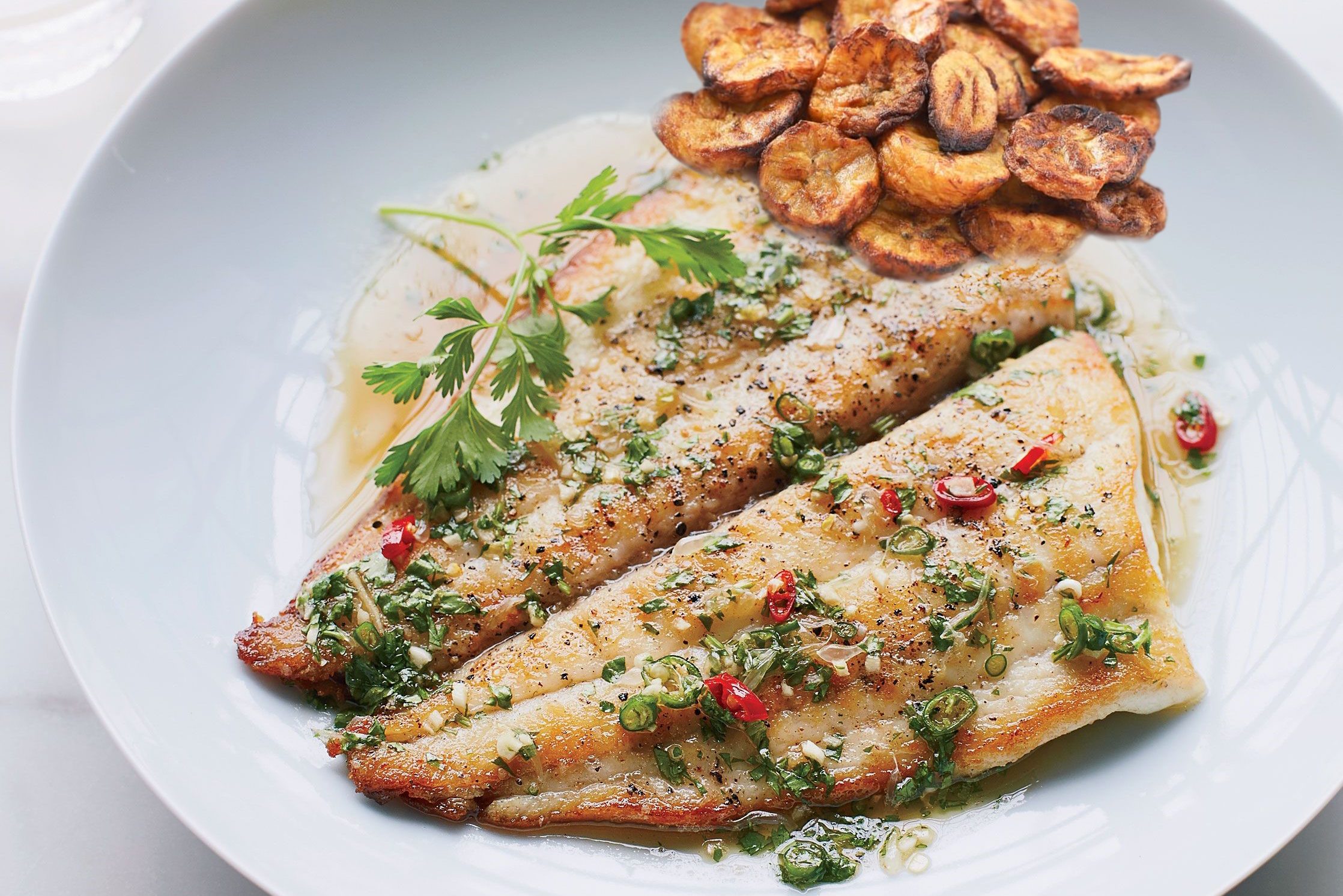 Caribbean Sole with Plantains & Papaya Salsa