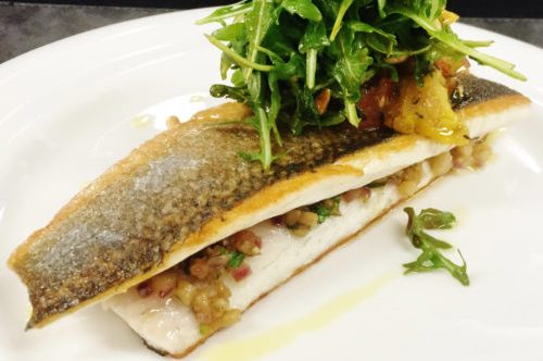 Pan-fried Branzino with Eggplant Confit & Arugula