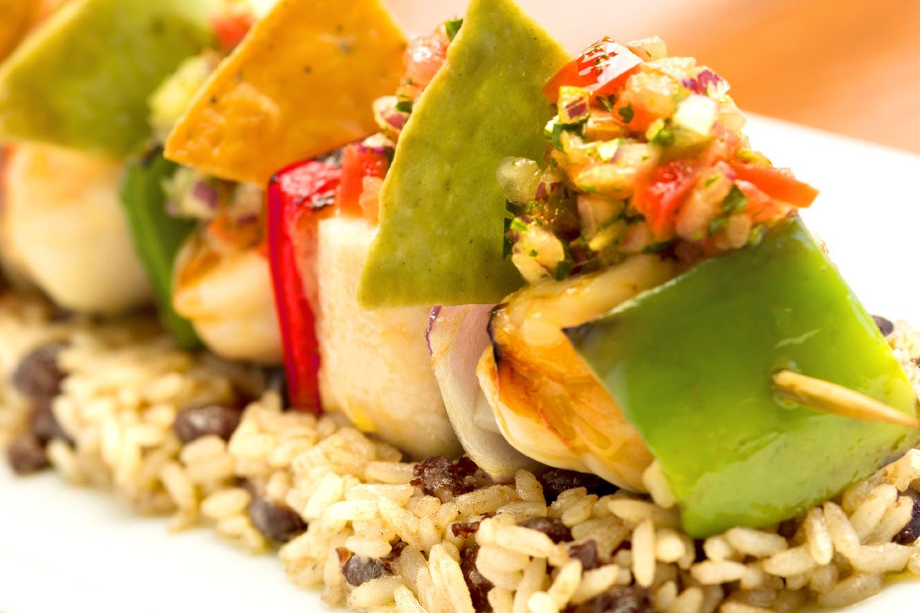 Lobster, Shrimp and Mahi Mahi Kebabs with Black Bean Rice and Pico de Gallo