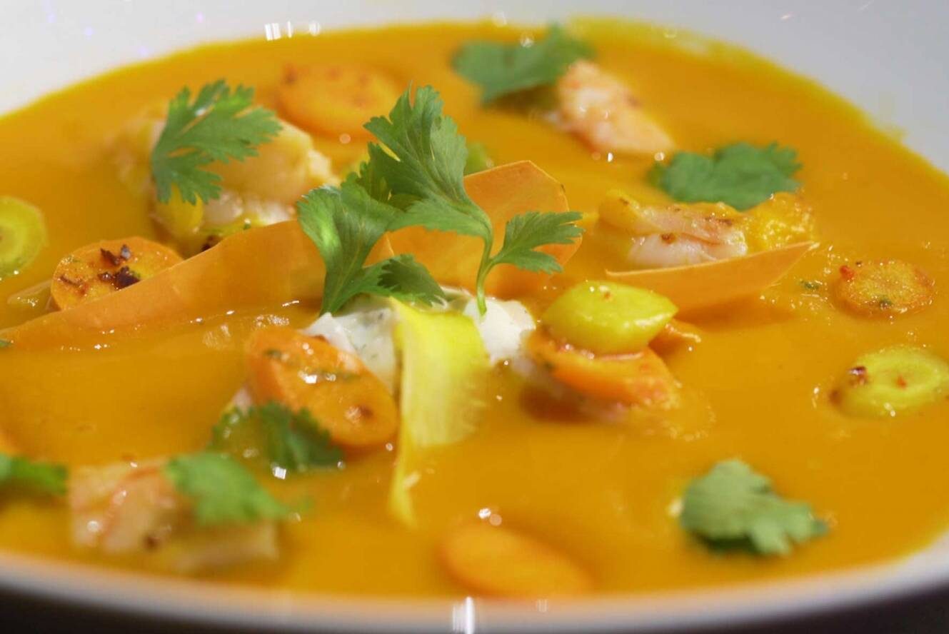 Celebrity Chilled Spring Carrot Soup With Prawns, Lime, & Coriander Cream